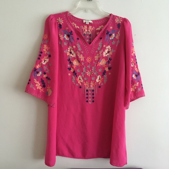 Umgee Floral Embroidered Blouse with Ruffle Trim